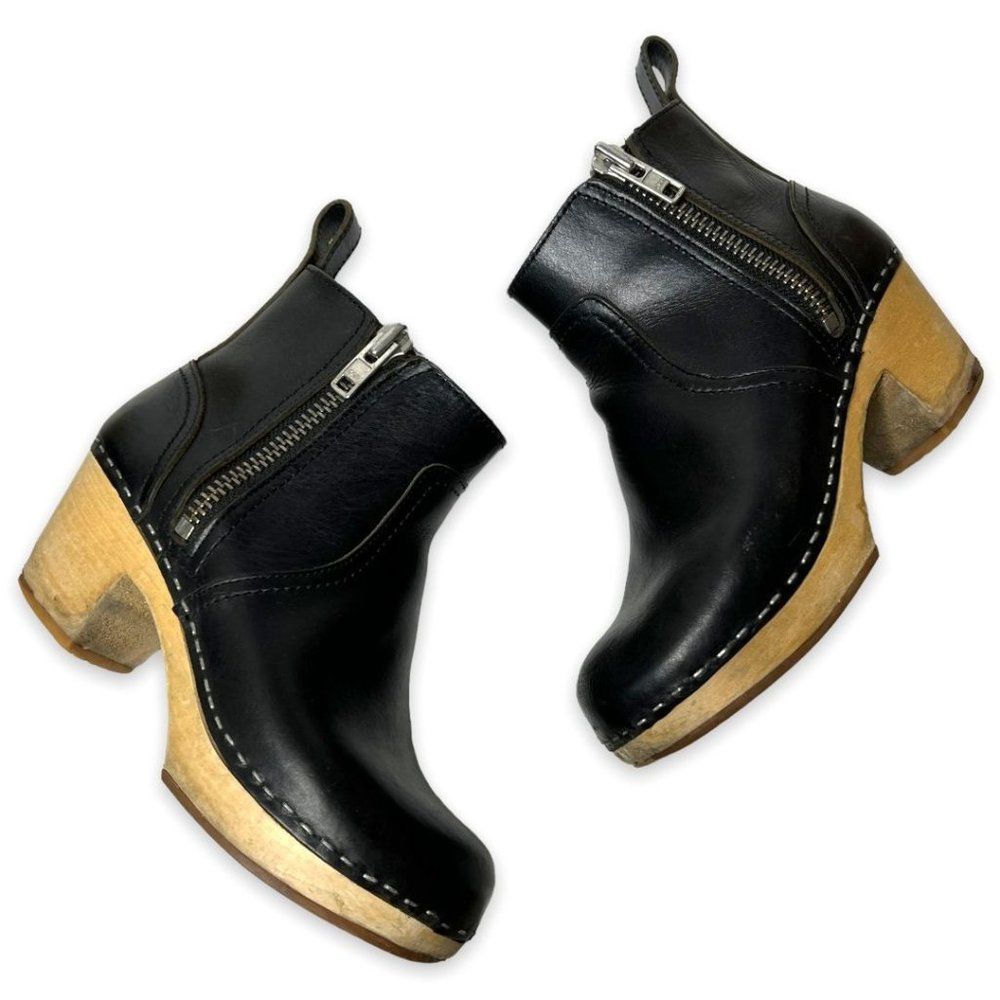 Swedish Hasbeens Women's Zip It Emy Clog Boot Wooden Sole Black Leather Size 36